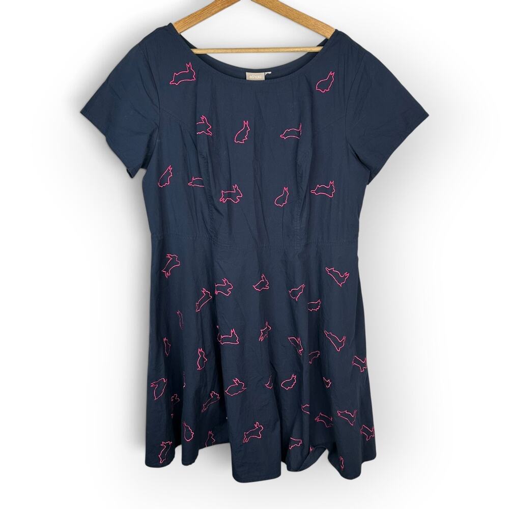 eShakti Womens Medium Navy Bunny Embroidered Dress Cotton Fit Flare Whimsical